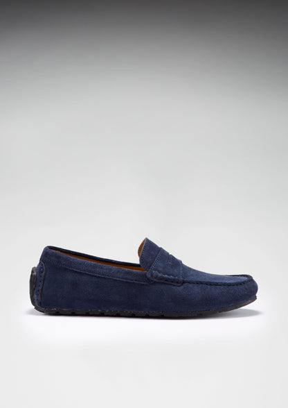 Mens Tyre Sole Penny Driving Loafers, navy blue suede - QHA UK