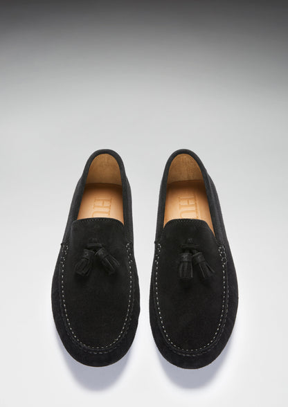 Tasselled Driving Loafers, black suede - QHA UK