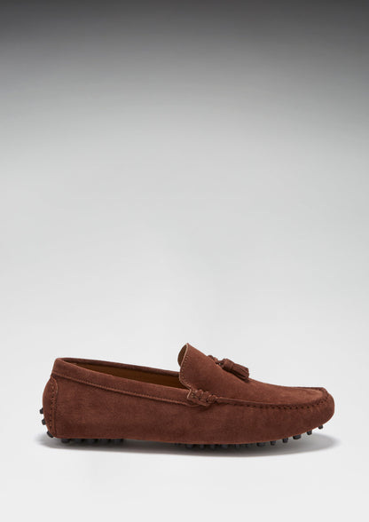 Tasselled Driving Loafers, mahogany brown suede - QHA UK