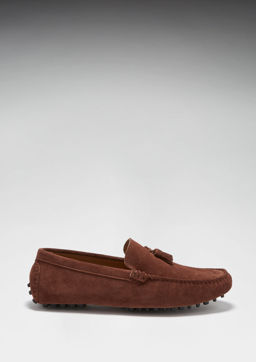 Tasselled Driving Loafers, mahogany brown suede - QHA UK