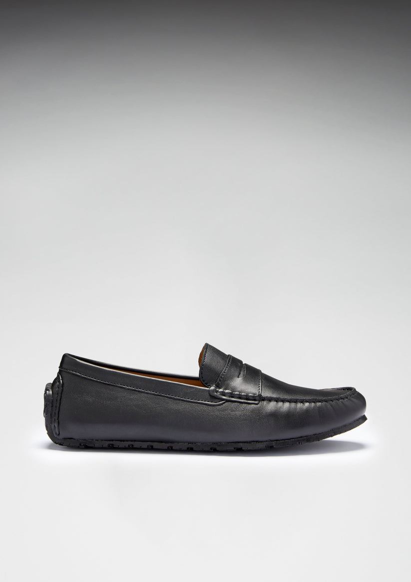 Tyre Sole Penny Driving Loafers, black leather - QHA UK