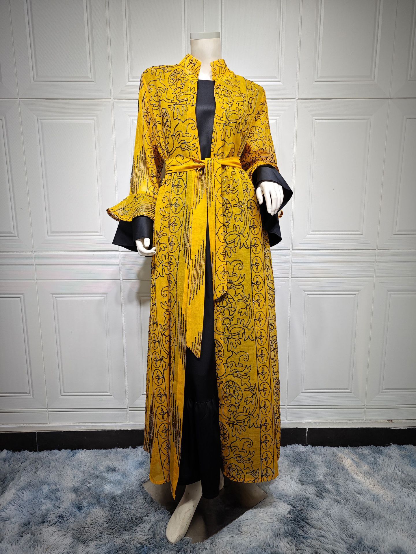 Middle Eastern Muslim Women's Evening Cape, Ruffle Sleeve Two-pieces Suit Dress