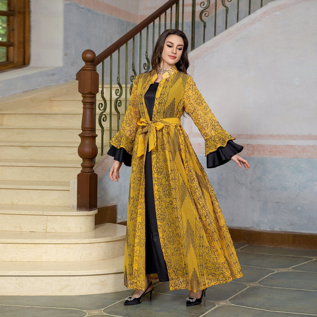 Middle Eastern Muslim Women's Evening Cape, Ruffle Sleeve Two-pieces Suit Dress