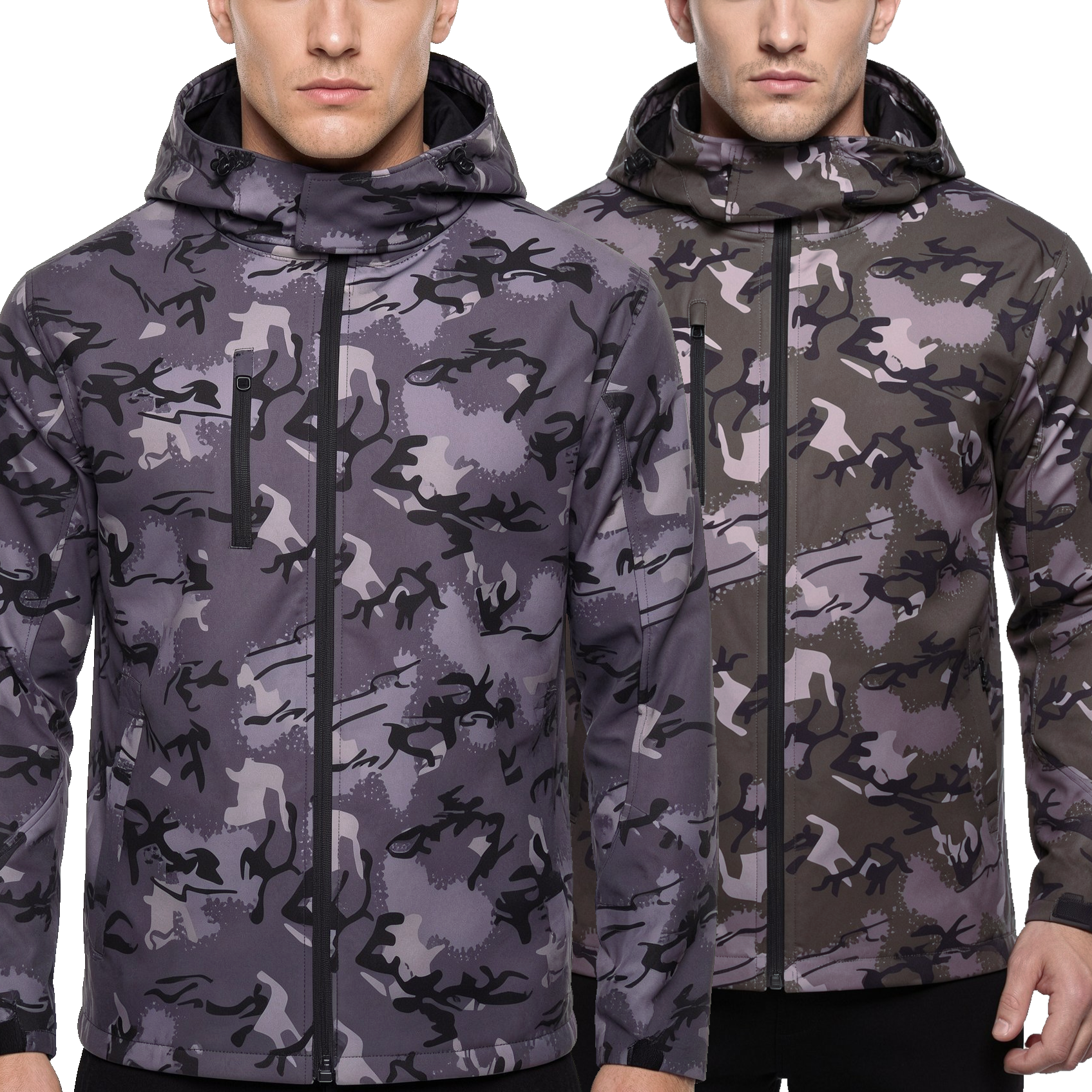 Mens Camo Softshell Jacket Hooded Waterproof Windproof Fleece Coat - QHA UK