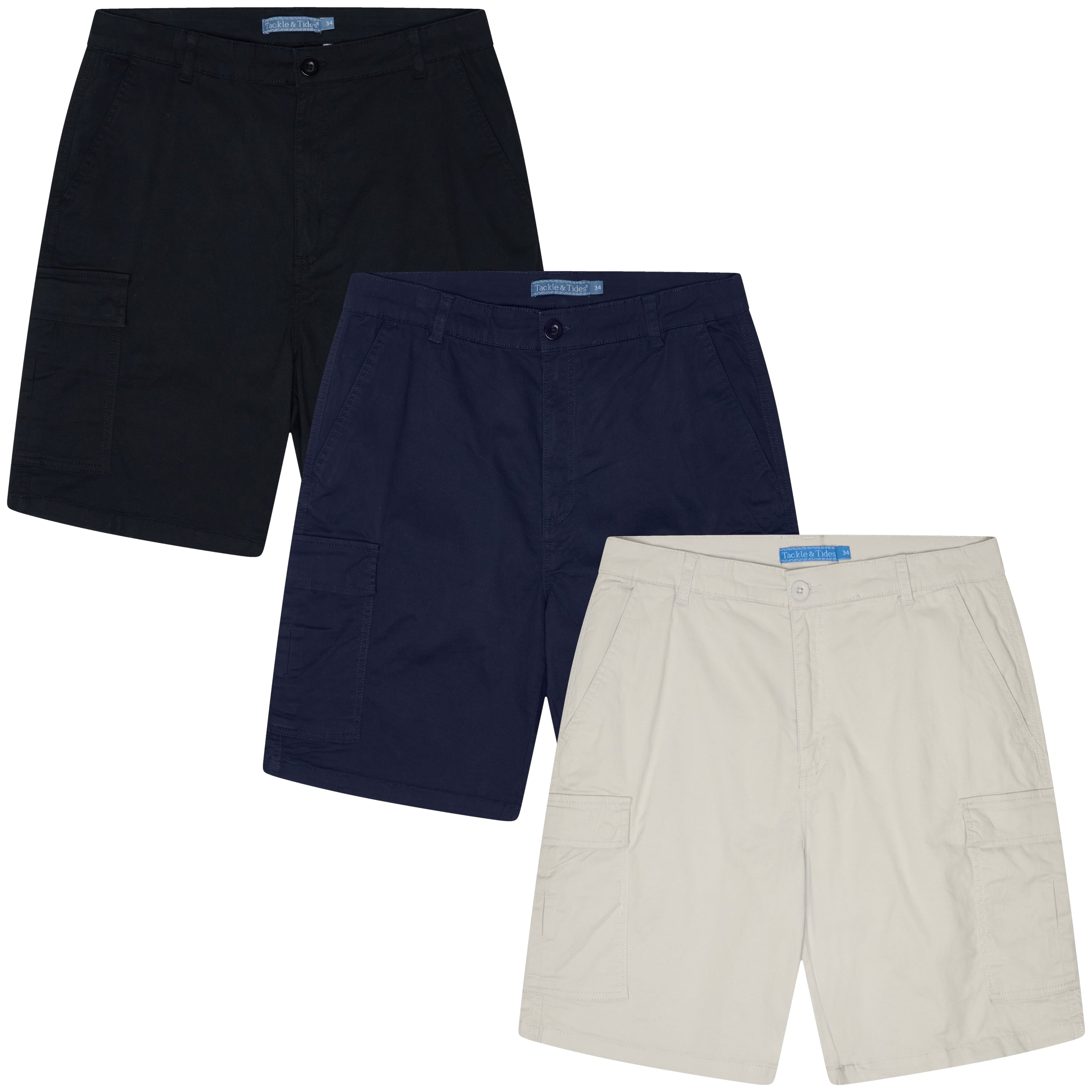 Three pairs of shorts in black, navy, and beige on a white background