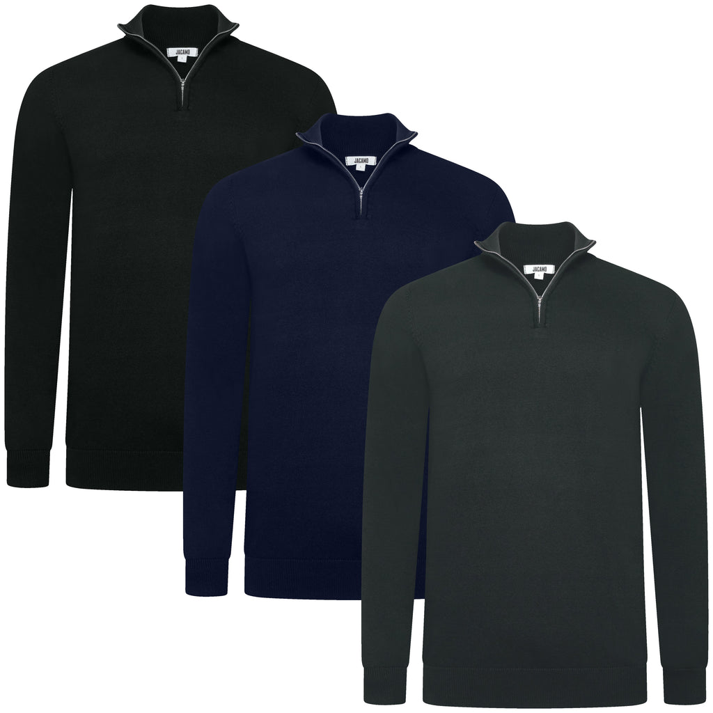 Three long-sleeve shirts in black, navy, and dark gray on a white background