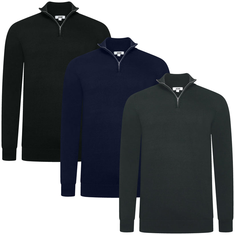 Three long-sleeve shirts in black, navy, and dark gray on a white background