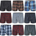 Collection of plaid boxer briefs in various patterns and colors.