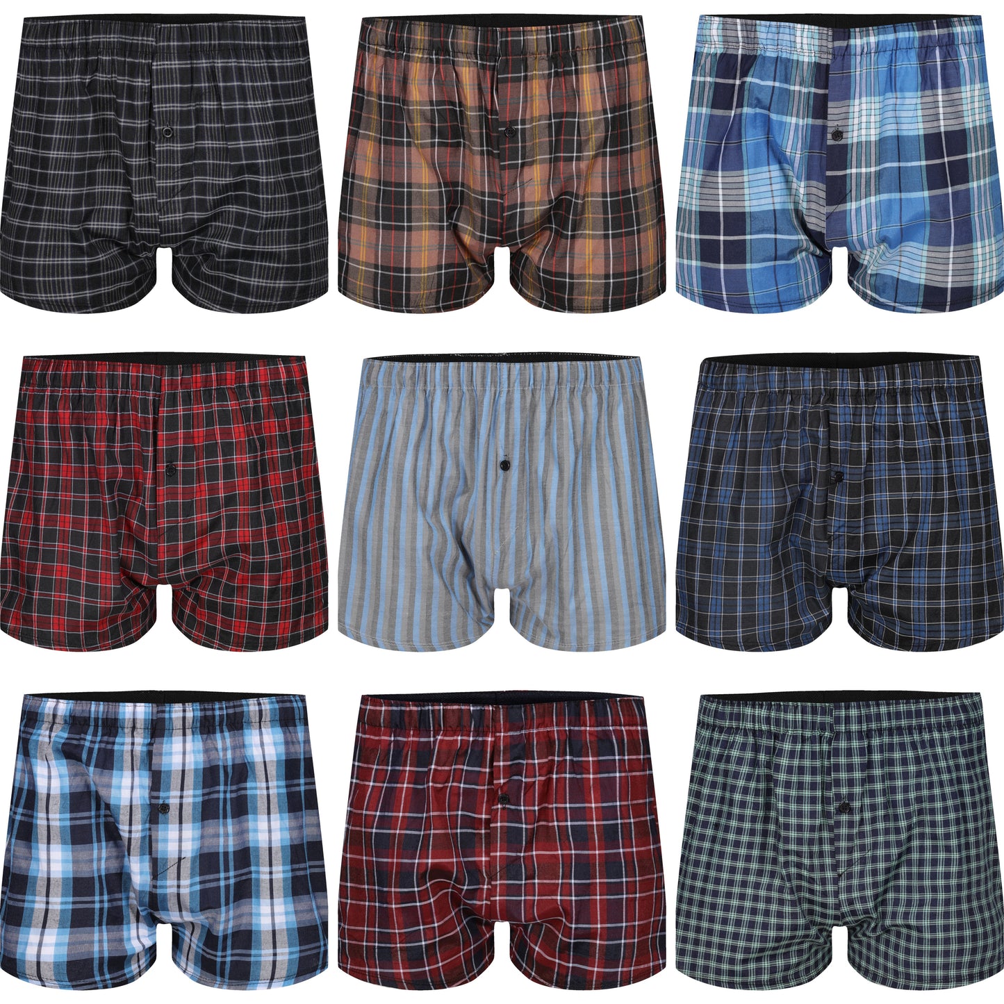 Collection of plaid boxer briefs in various patterns and colors.