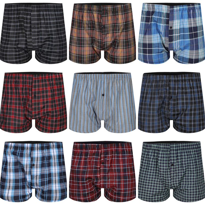 Collection of plaid boxer briefs in various patterns and colors.