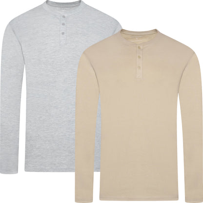 Mens Henley Long Sleeve T Shirt Waffle Knit Cotton Casual Top - QHA UK