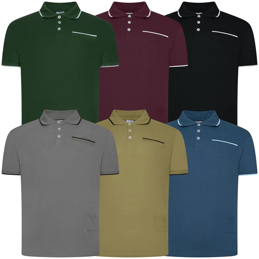 Collection of six polo shirts in different colors on a white background