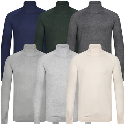 Set of six turtleneck sweaters in different colors on a white background