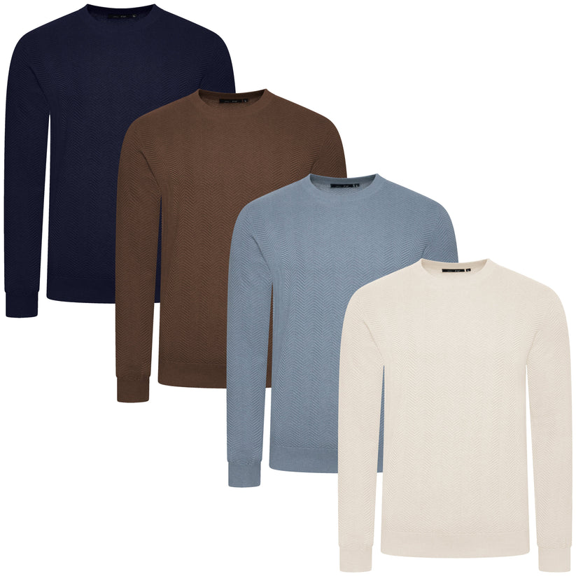 Four long-sleeve shirts in navy, brown, blue, and beige on a white background