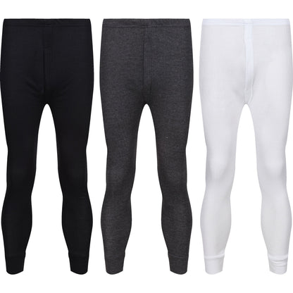 Three pairs of thermal leggings in black, gray, and white on a white background
