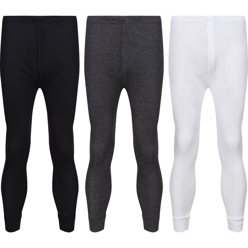 Three pairs of thermal leggings in black, gray, and white on a white background