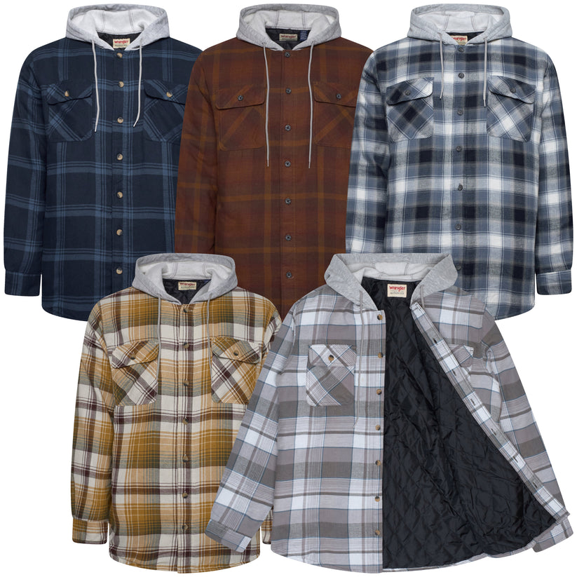 Five plaid hoodies in various colors on a white background