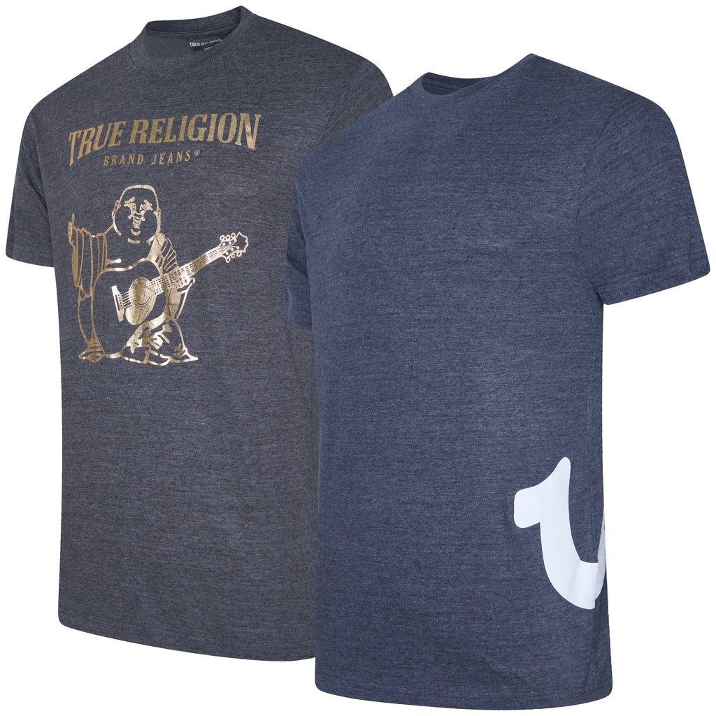 Two 'True Religion' branded t-shirts on a white background