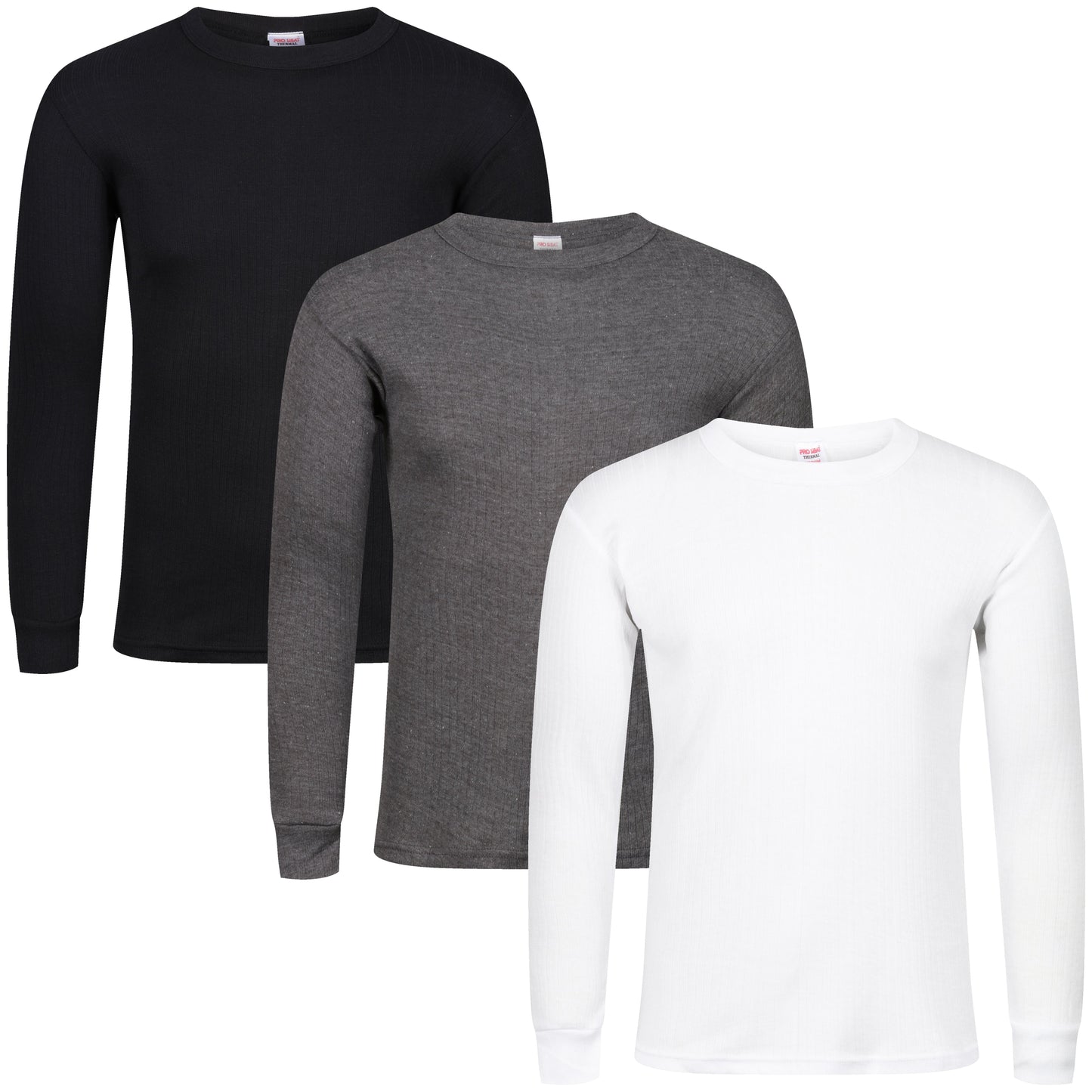 Three long-sleeve shirts in black, gray, and white on a white background