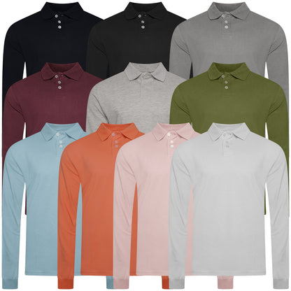 Evryone Mens Long Sleeve Pique Polo Shirt Cotton Regular Fit Casual Work Top - QHA UK