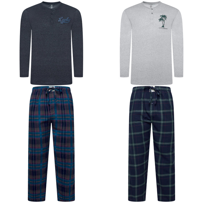 Lucky Brand Mens Henley Pyjama Set Flannel Check Lounge Pants PJs S-XL - QHA UK