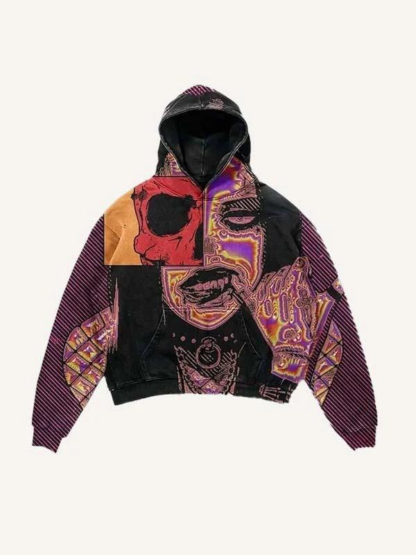 3D Skull Print Colorblock Hoodie