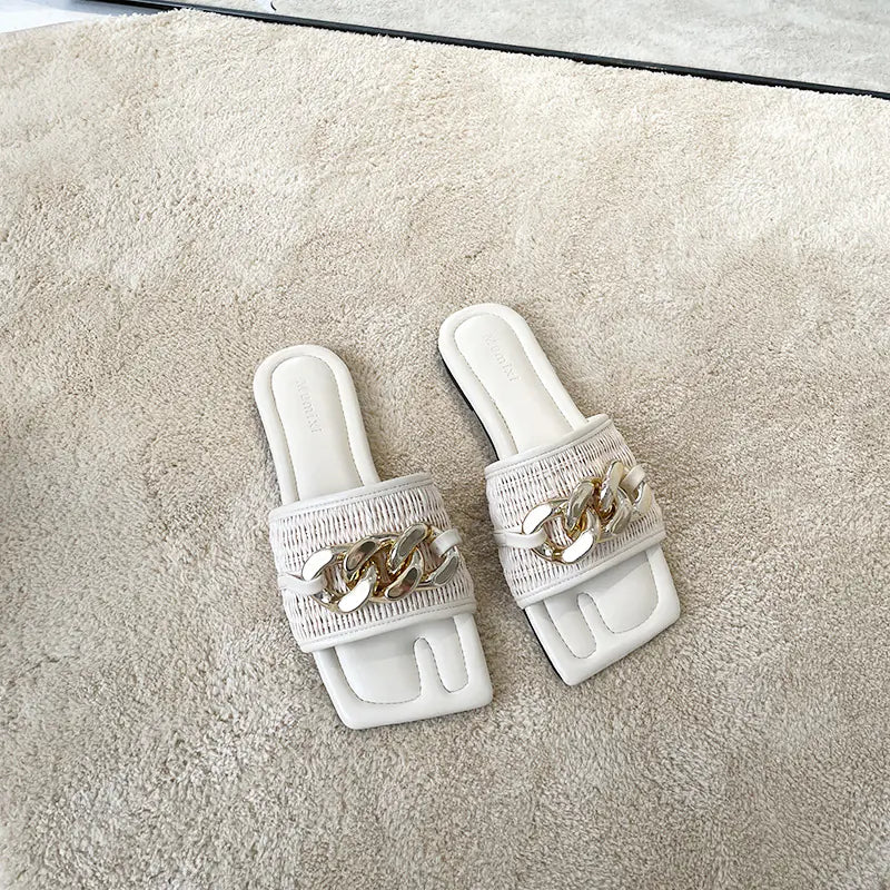Flat Slippers with Black Metal Link Detail