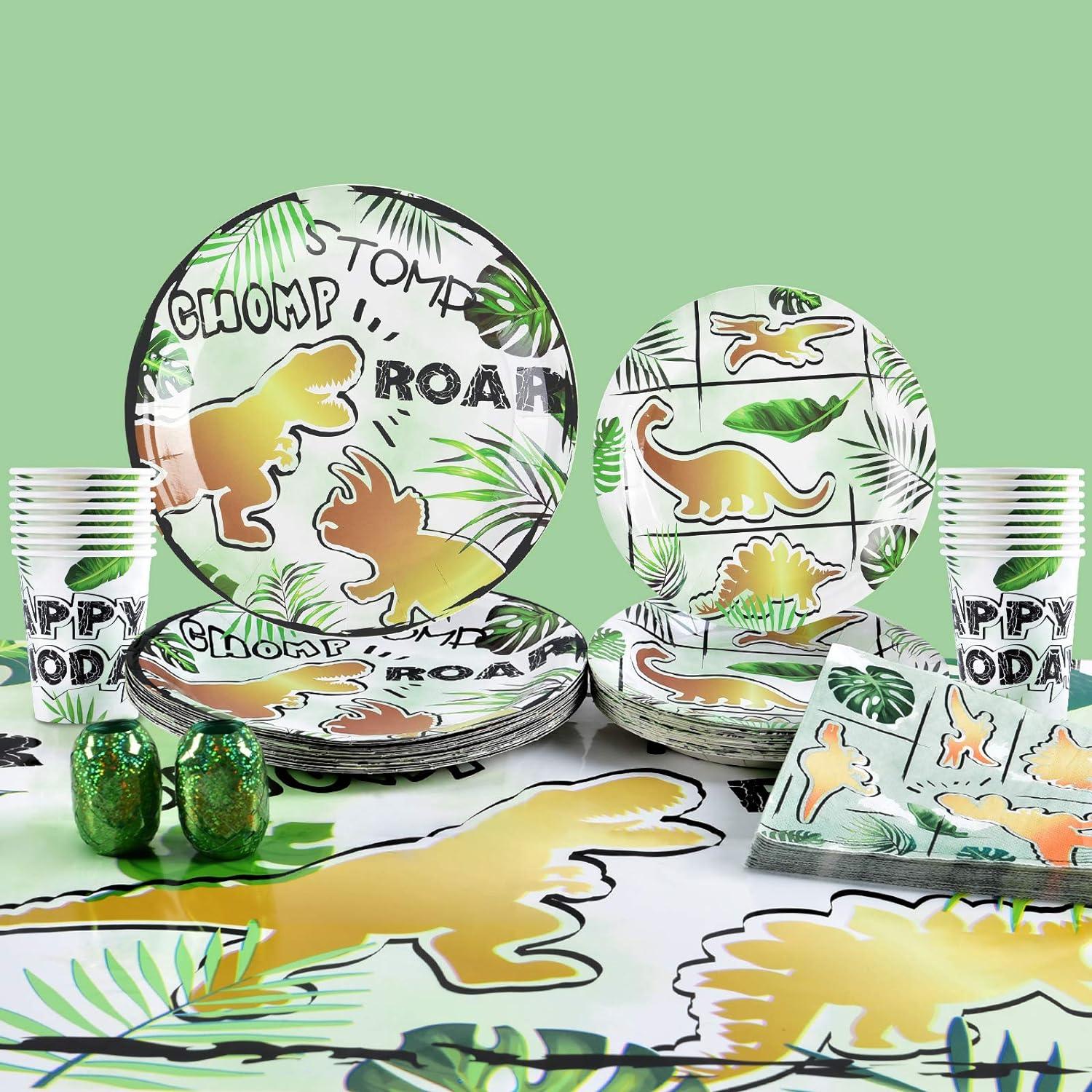 Party Tableware Set for Kids 16 Guest Birthday 66 PCS Gold Dinosaur