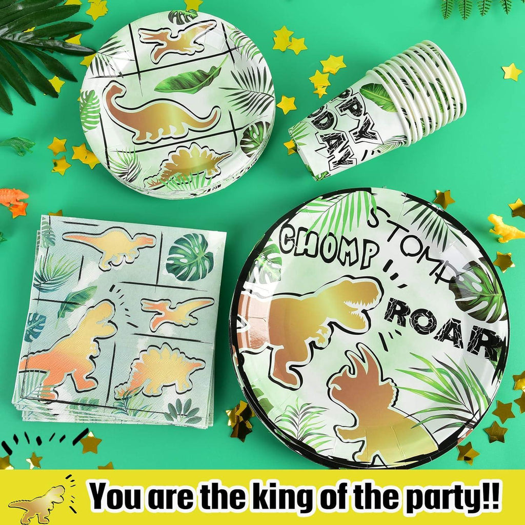 Party Tableware Set for Kids 16 Guest Birthday 66 PCS Gold Dinosaur