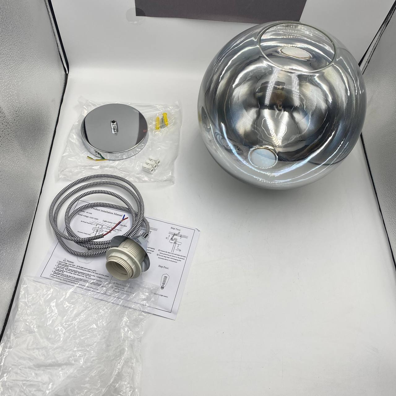 Glass Pendant Light 25cm Silver Smoke Globe Shade E27 140cm Cord