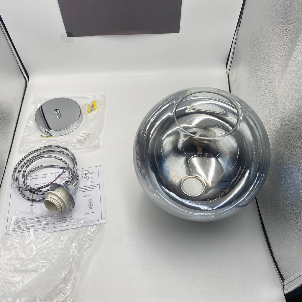 Glass Pendant Light 25cm Silver Smoke Globe Shade E27 140cm Cord