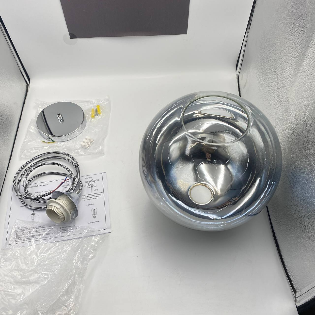 Glass Pendant Light 25cm Silver Smoke Globe Shade E27 140cm Cord