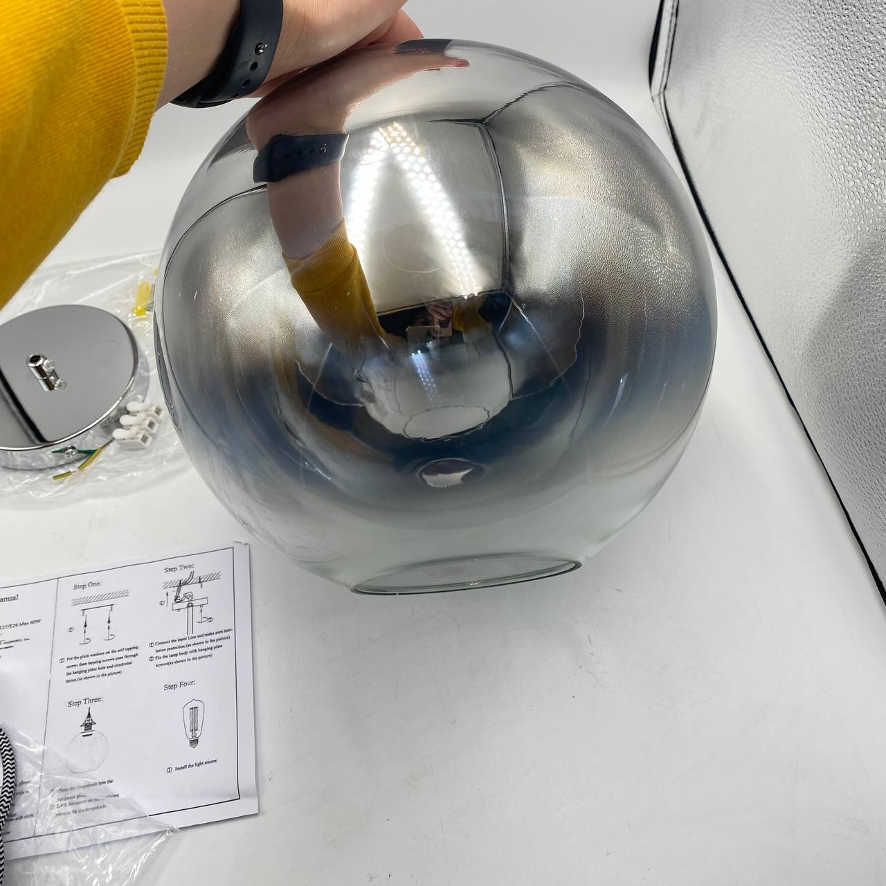 Glass Pendant Light 25cm Silver Smoke Globe Shade E27 140cm Cord