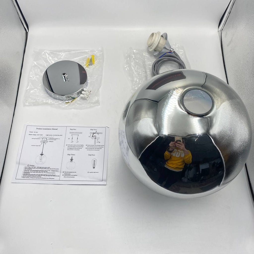 Glass Pendant Light 25cm Silver Smoke Globe Shade E27 140cm Cord