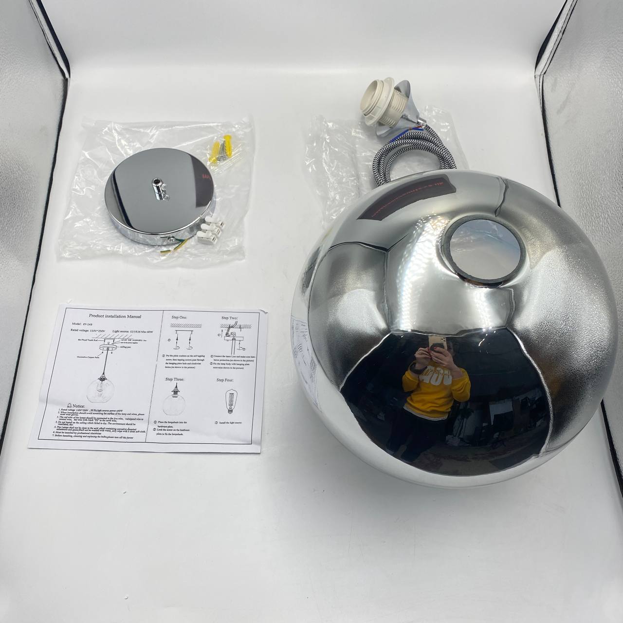 Glass Pendant Light 25cm Silver Smoke Globe Shade E27 140cm Cord