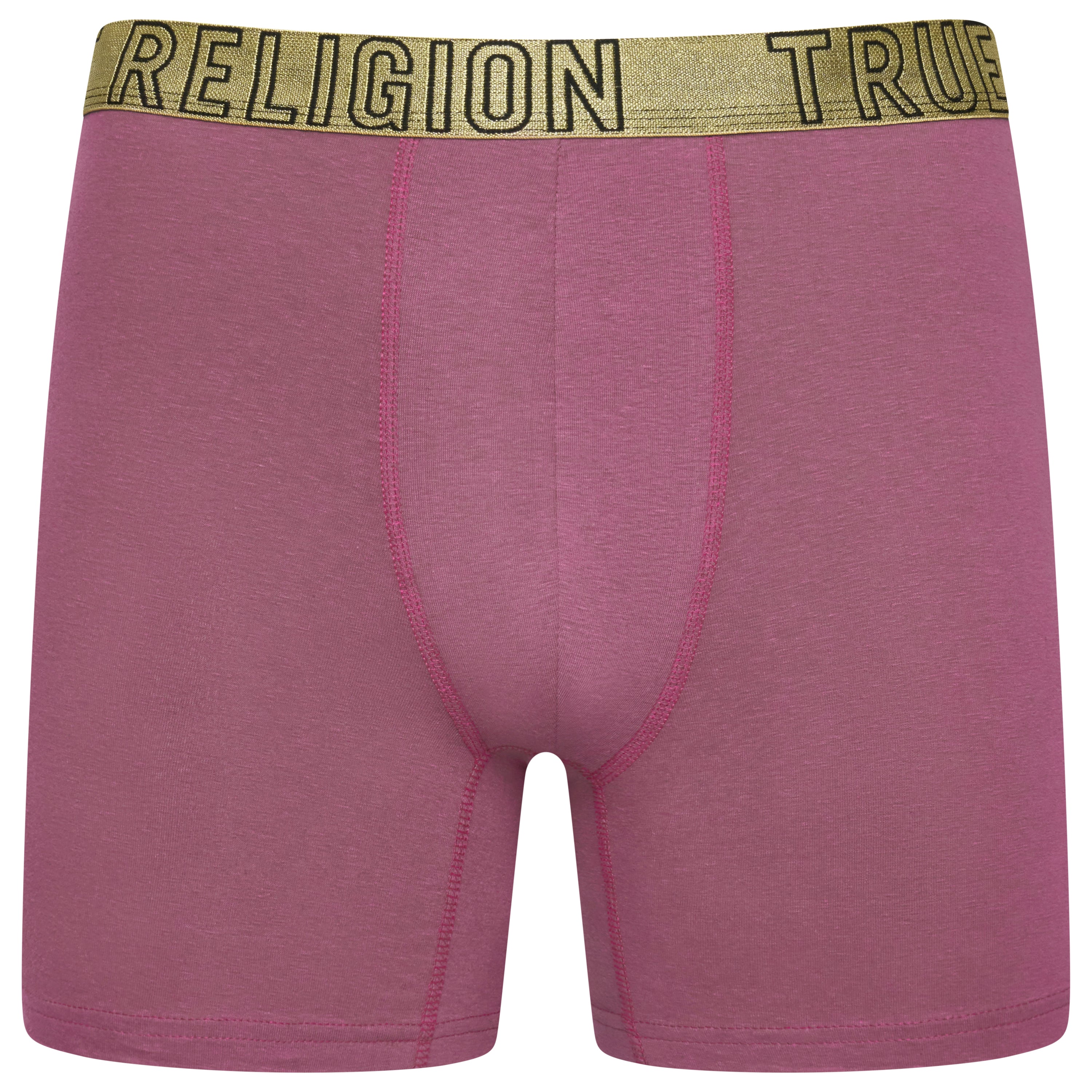 Pink boxer briefs with a gold 'RELIGION' waistband on a white background