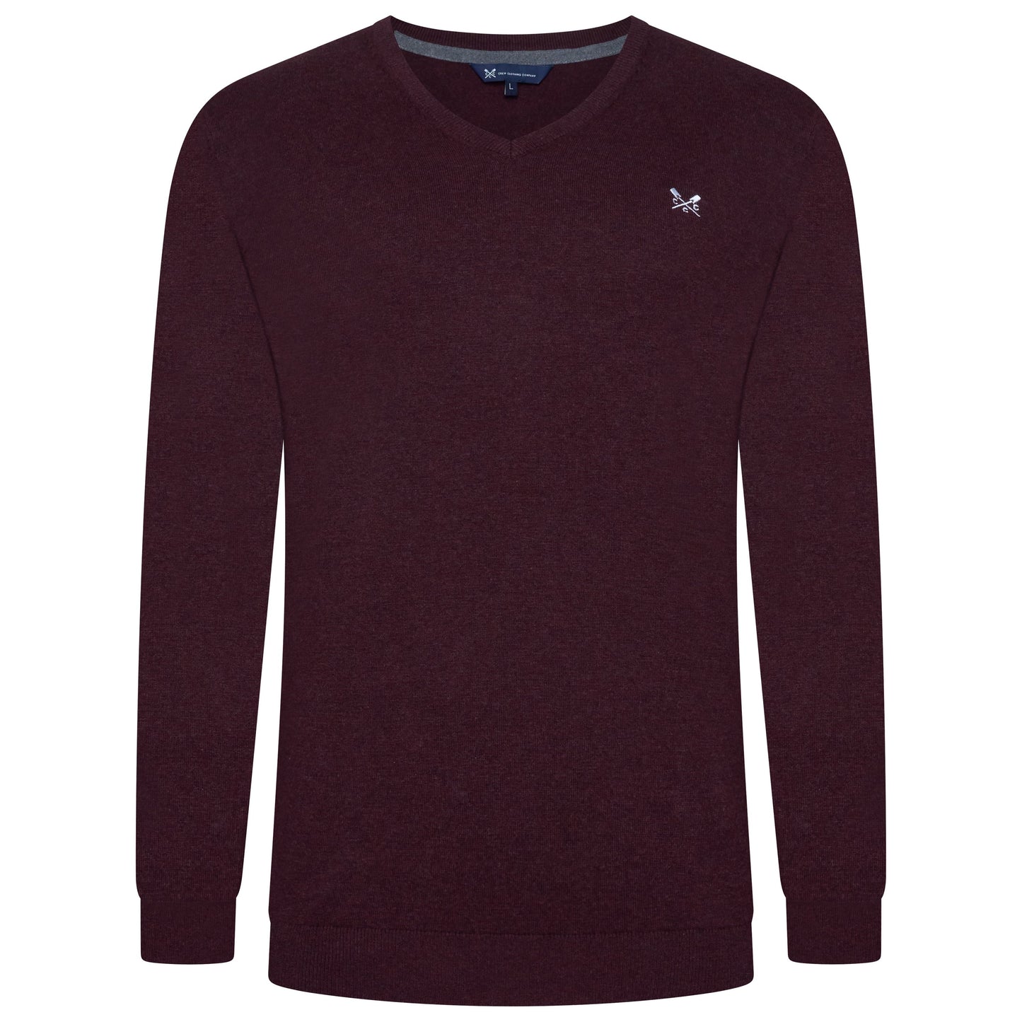 Maroon sweater with a small logo on a white background