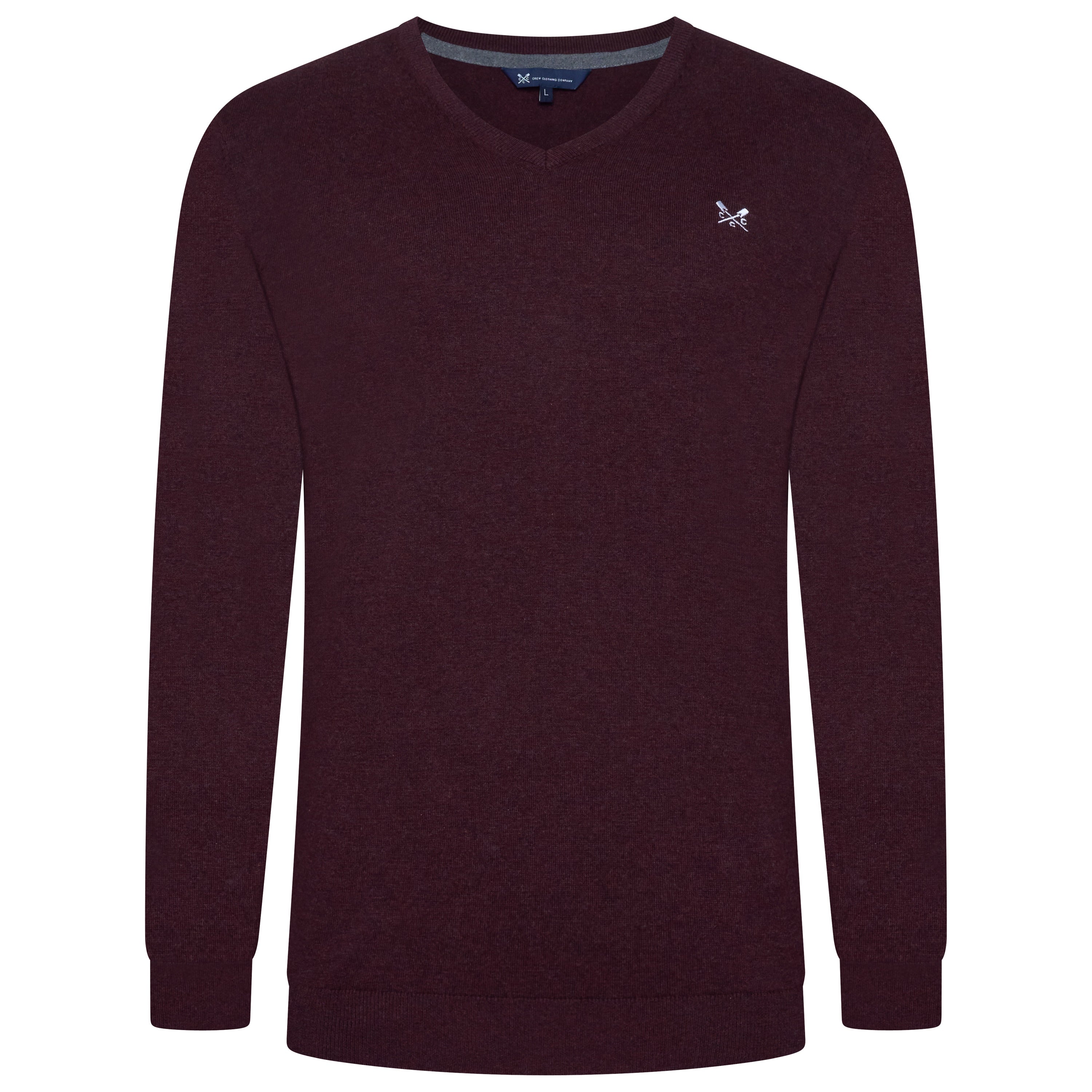Maroon sweater with a small logo on a white background