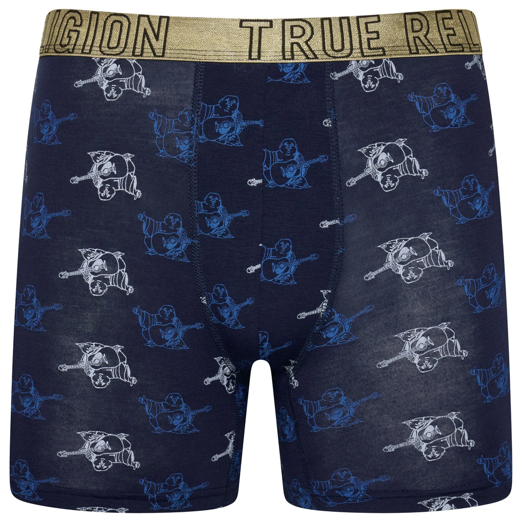 Navy boxer briefs with blue dog pattern and 'True Religion' waistband on a white background