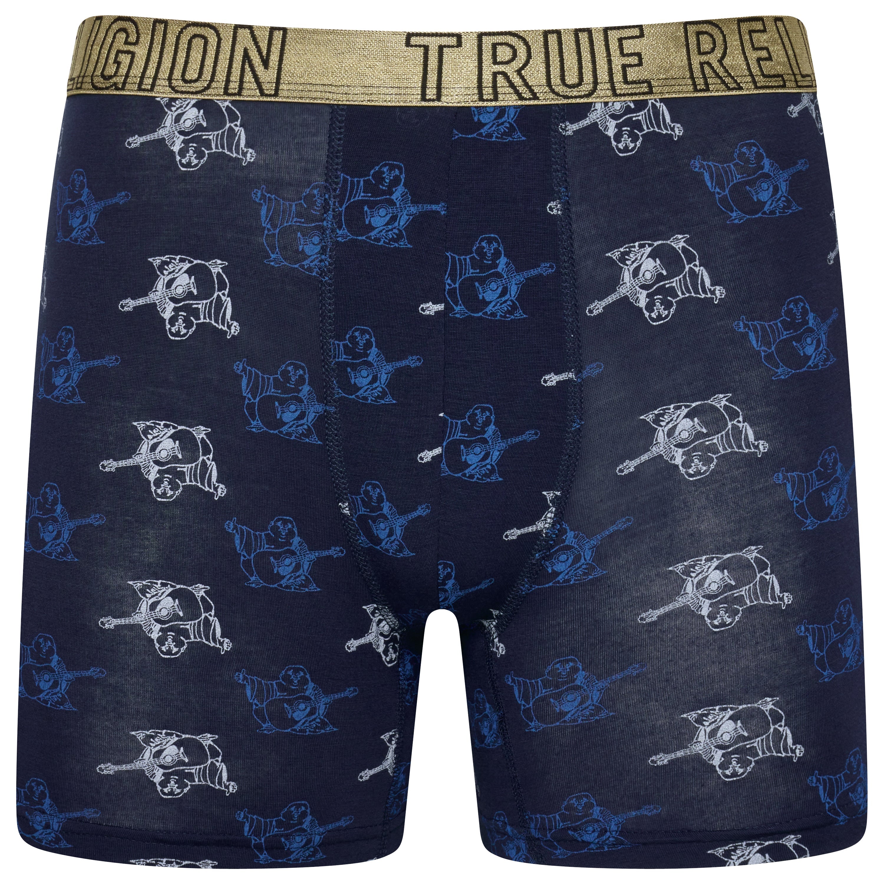 Navy boxer briefs with blue dog pattern and 'True Religion' waistband on a white background