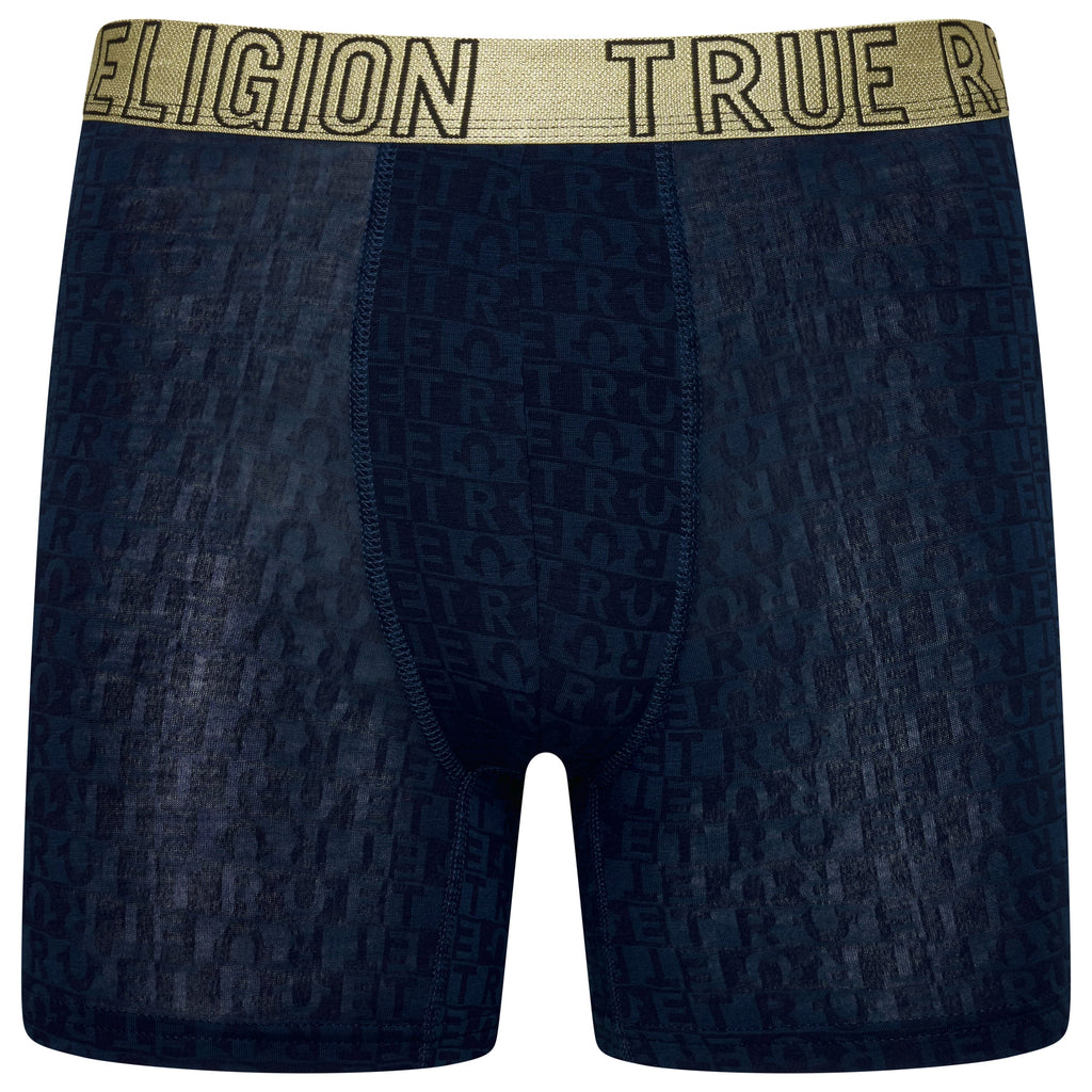Navy blue boxer briefs with 'True Religion' branding on the waistband against a white background