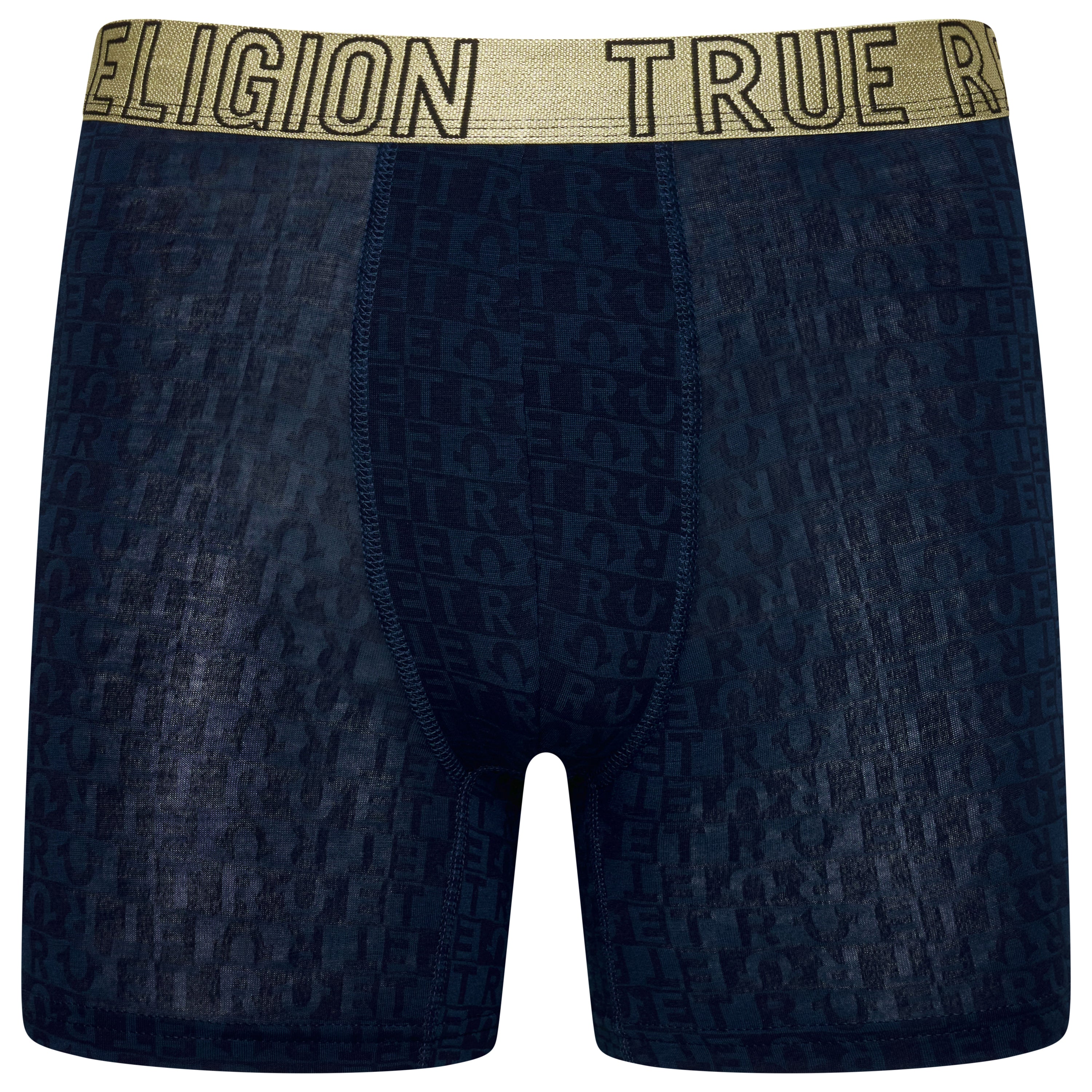 Navy blue boxer briefs with 'True Religion' branding on the waistband against a white background