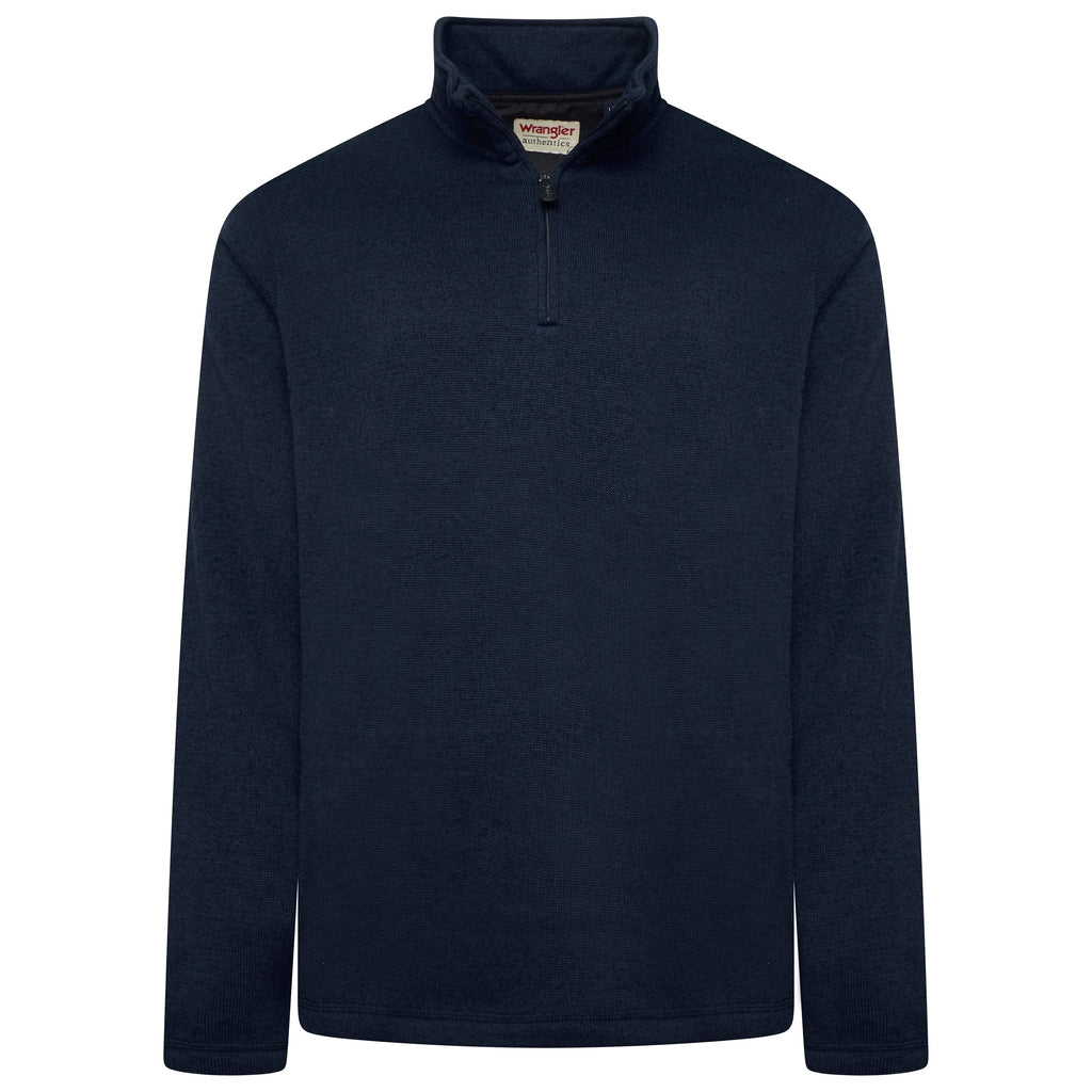 Navy blue pullover with a brand label on a white background