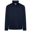 Navy blue pullover with a brand label on a white background