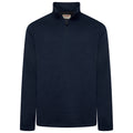 Navy blue pullover with a brand label on a white background