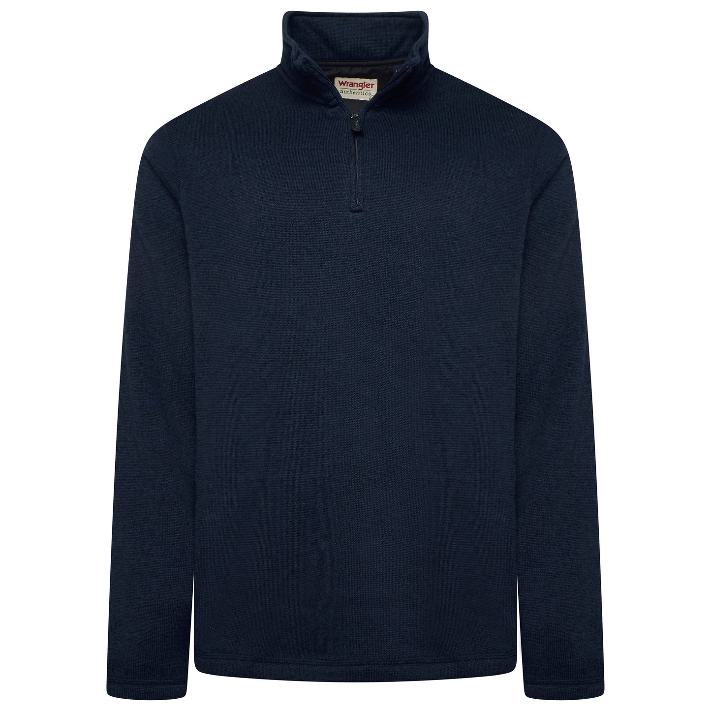 Navy blue pullover with a brand label on a white background