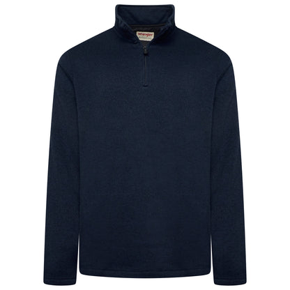 Navy blue pullover with a brand label on a white background