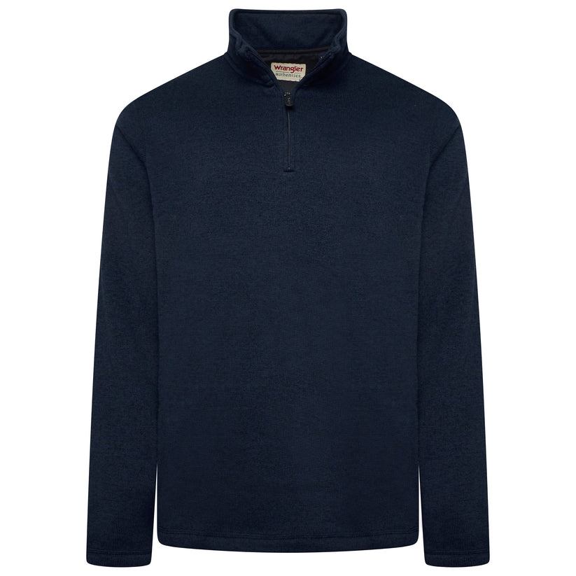 Navy blue pullover with a brand label on a white background