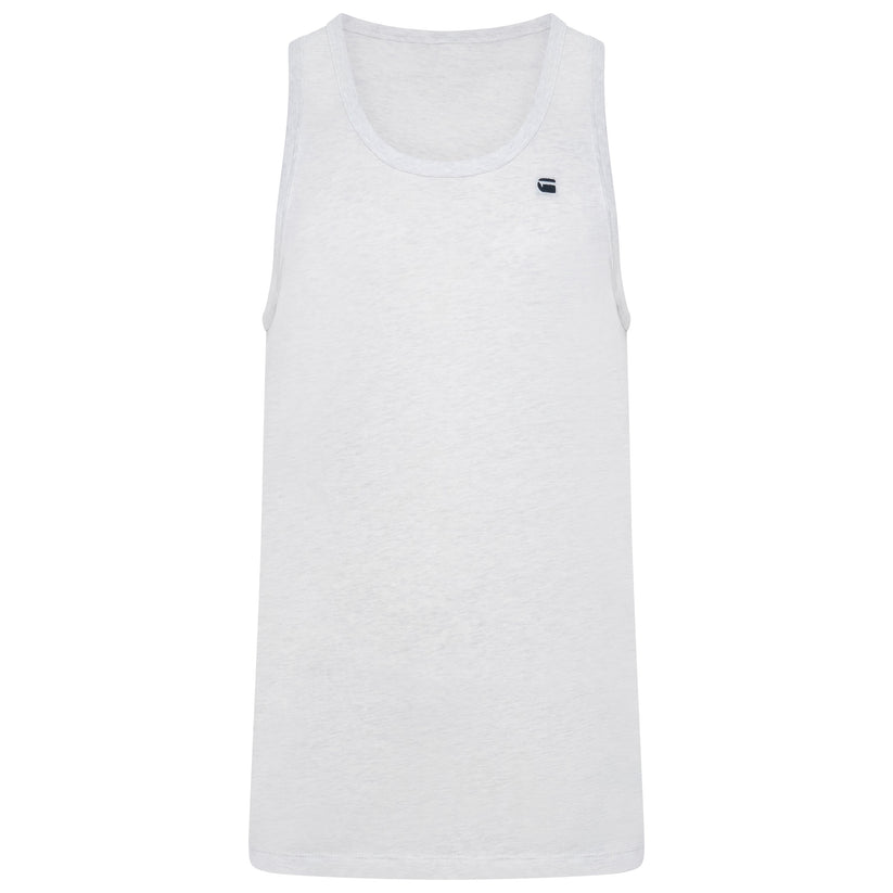 A white sleeveless tank top with a small Lacoste crocodile logo on the left chest, displayed against a solid white background.