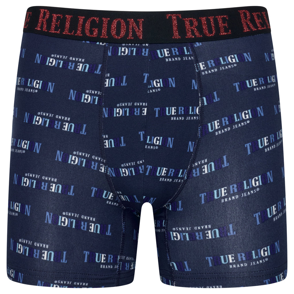 True Religion boxer briefs with brand logo on waistband and patterned design.